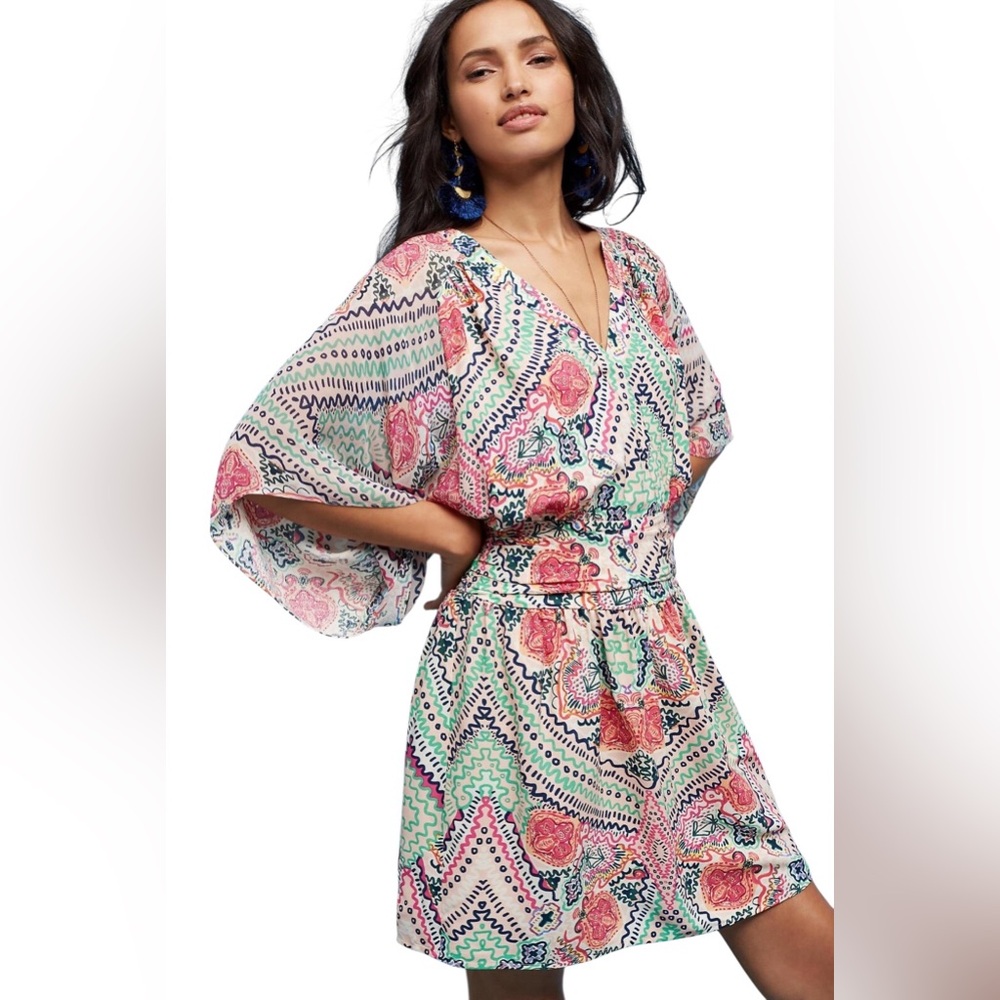 Maeve Floral Geo Print Mini Dress in Pink, Green & Blue